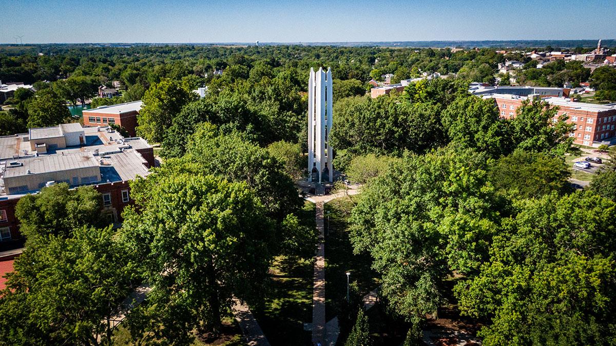 An aerial view of the Northwest campus shows the Memorial Bell Tower in its center.